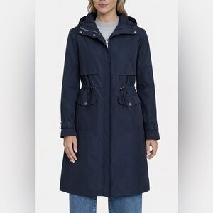 NOIZE Navy Hooded Raincoat Adjustable Waist Lightweight Trench S 💙